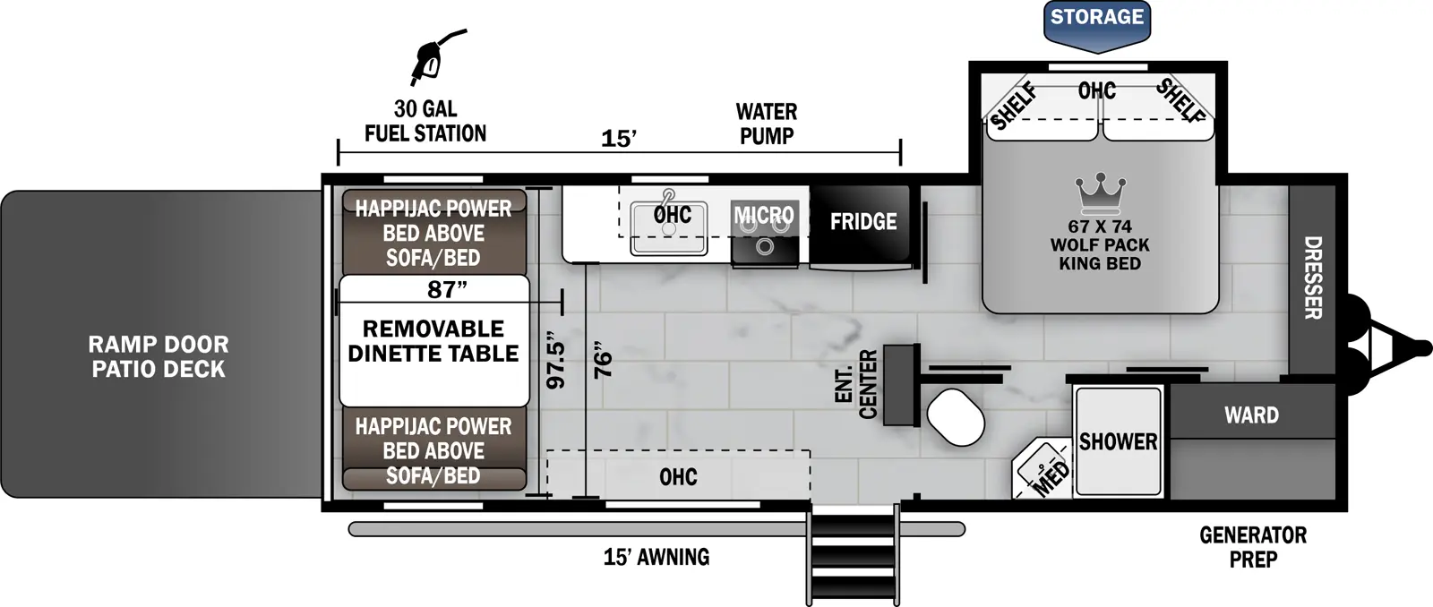 The 26PACK15 has one slideout and one entry. Exterior features storage, generator prep, 15 foot awning, 30 gallon fuel station, water pump, and rear ramp door with patio deck. Interior layout front to back: bedroom with front dresser, door side wardrobe, off-door side slideout with Wolf Pack King Bed with overhead cabinet and shelves, and door side full pass-through bathroom; entertainment center along inner wall; off-door side refrigerator, kitchen counter with cooktop and sink, microwave, and overhead cabinet; door side entry, and overhead cabinet; rear opposing happijac power beds above sofa/bed below with removeable dinette table. Garage dimensions: 15 feet rear to entertainment center; 87 inches from rear to kitchen cabinets; 97.5" side to side; 76" door side to kitchen cabinets.